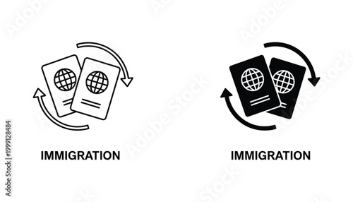 Immigration passport icon set with circular arrow for travel documents and international border control