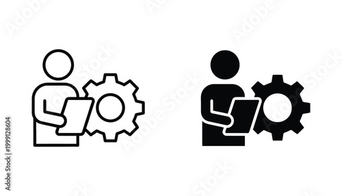 Person with gear and document icon for business management and process optimization workflow