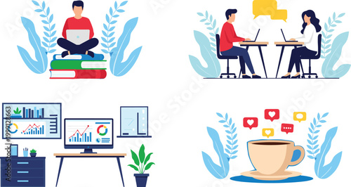 Digital lifestyle and remote work illustration set with online learning, communication, data analytics, and social media engagement scenes
