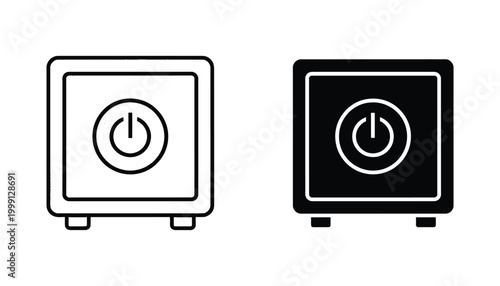 Safe box with power button icon set in outline and solid black vector format for security deposit digital safety and financial protection storage concepts