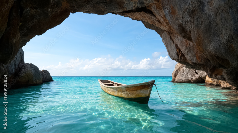Obraz premium Tranquil ocean view through rocky cave portal with wooden boat on crystal clear water