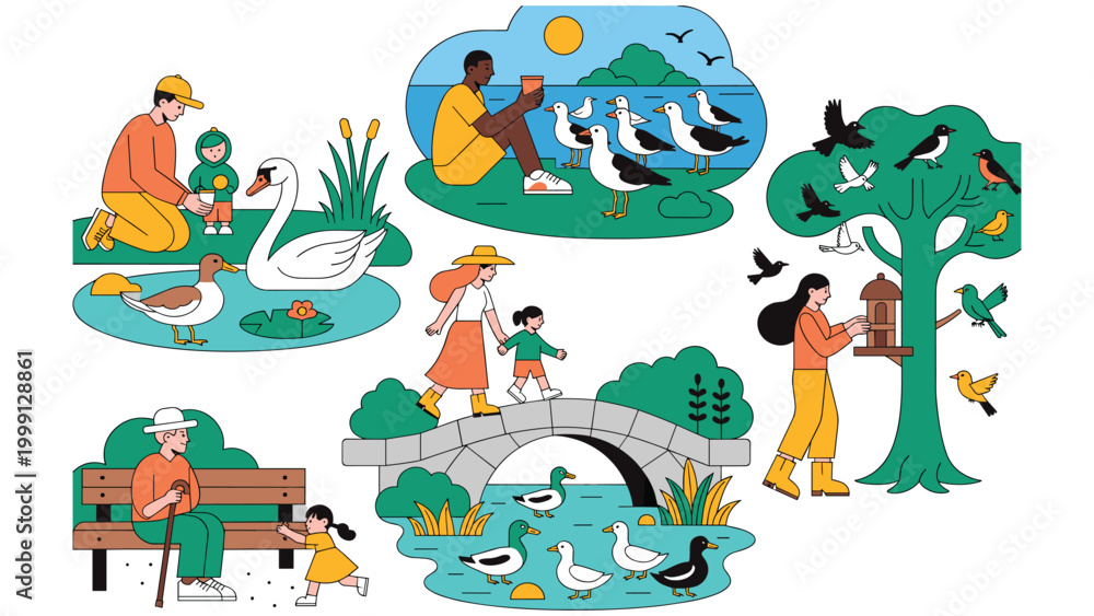 Fototapeta premium People enjoying nature, birdwatching, feeding birds and ducks, children with animals.
