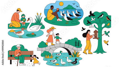 People enjoying nature, birdwatching, feeding birds and ducks, children with animals.