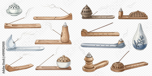 Collection of watercolor incense burners and holders with burning sticks and smoke, aromatherapy and meditation accessories.