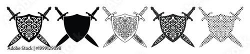 Foto Medieval Shield and Crossed Swords Vector Set, 5 Intricate Knightly Emblems, Her