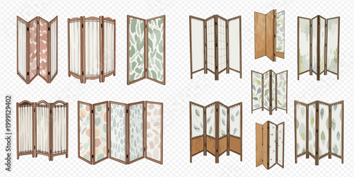 Set of wooden room dividers with various designs, including floral patterns and plain screens, for interior decoration and privacy.