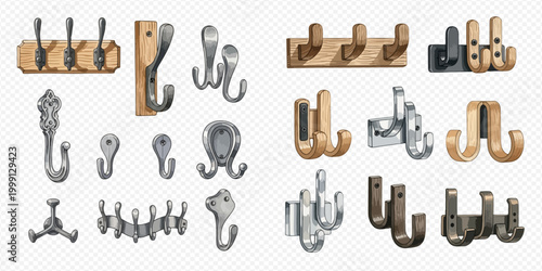 Collection of various wall hooks for hanging clothes and accessories, in different styles and materials.