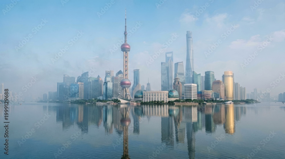 Obraz premium Shanghai Skyline Reflected in Calm Waters at Dawn