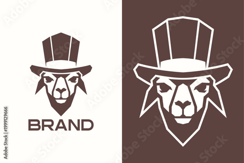 Elegant Geometric Gentleman Llama Alpaca Head with Top Hat Mascot Logo Minimalist Vector Template