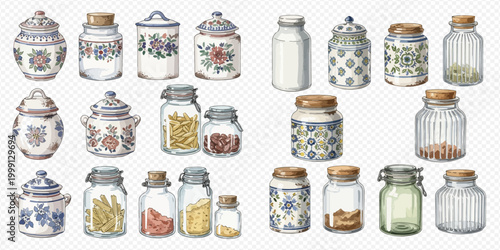 Collection of various watercolor jars and containers for food storage, isolated on a white background.