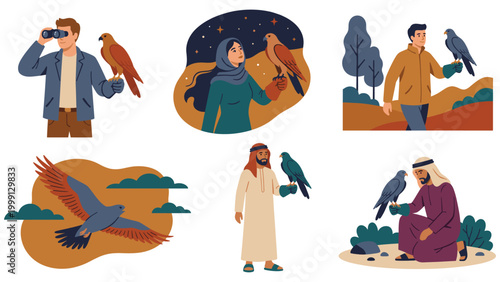 Falconry collection featuring diverse people with trained birds of prey in natural setting.