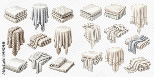 Set of realistic bath towels, folded and draped, in various textures and colors, isolated on a transparent background.