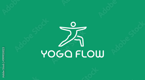 A minimalistic yoga logo symbolizes balance and wellness, featuring a figure in a yoga pose against a vibrant green background, ideal for fitness and wellness promotions.