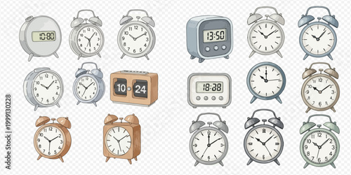 Collection of various alarm clocks in different styles and colors, including analog, digital, and flip clocks, on a transparent background.