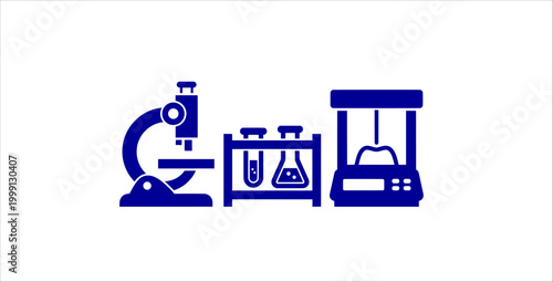 Laboratory science equipment flat icons set. microscope, research tools, test tubes, chemical flask, 3d printer device, lab analysis, biotechnology, innovation concept