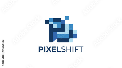 An abstract logo design for PixelShift, representing innovation in digital design, highlighted by fragmented shapes in shades of blue, emphasizing creativity and technology.