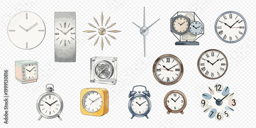 Collection of various watercolor clocks and watches, depicting different styles and designs for timekeeping.