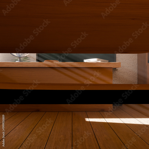 Empty Classroom Wooden Desk with Sunlight Shadows, School Interior Scene, Student Workspace with Warm Light, Minimal Education Background with Copy Space