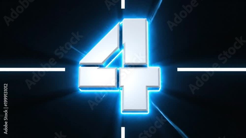 Metallic blue glowing 3D number four on black background