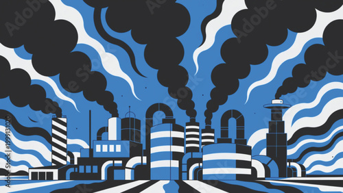Industrial plants release smoke into the air and the sky vector background
