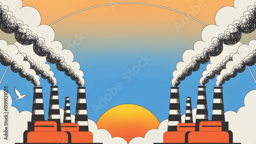Industrial plants release smoke into the air and the sky vector background
