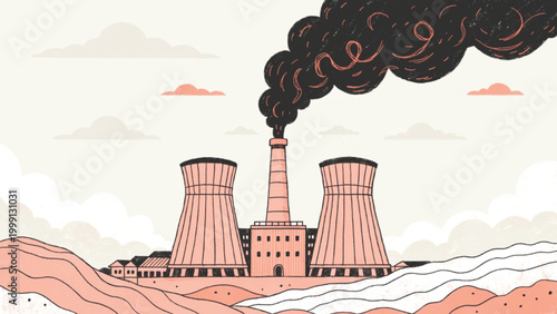 Industrial plants release smoke into the air and the sky vector background
