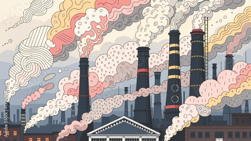 Industrial plants release smoke into the air and the sky vector background
