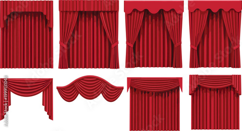 Red theater curtains collection elegant stage drapery set vector illustration classic window and performance curtain designs