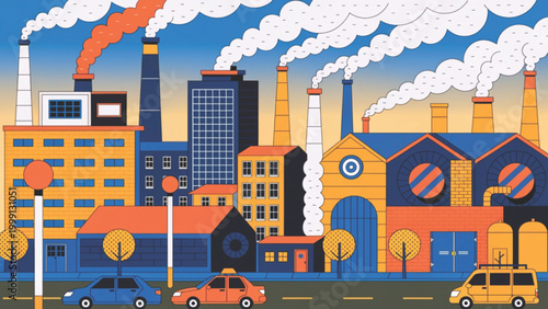 Industrial plants release smoke into the air and the sky vector background
