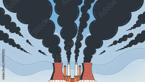 Industrial plants release smoke into the air and the sky vector background
