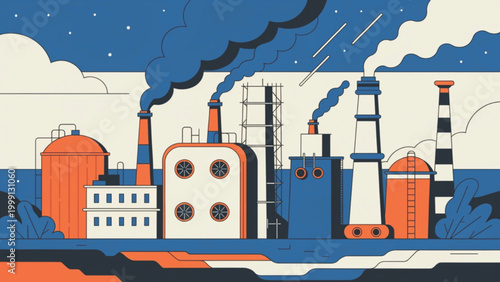 Industrial plants release smoke into the air and the sky vector background
