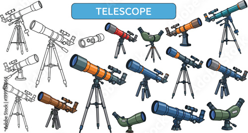 Telescope collection illustration featuring various astronomical telescopes tripods observatory equipment and stargazing tools vector set
