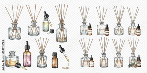 Set of watercolor aroma diffusers and essential oil bottles for home fragrance and relaxation.