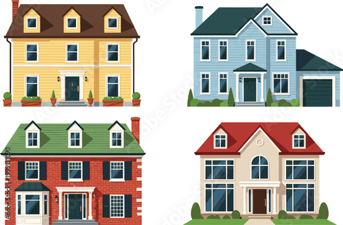 Residential house facades collection with modern suburban homes in detailed architectural vector illustration set