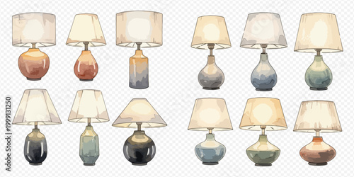 Set of watercolor table lamps with various designs and colors, providing warm light for home decor.