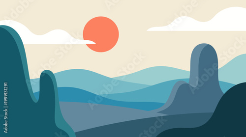 A beautifully illustrated serene landscape featuring rolling hills and a soft rising sun, capturing the tranquility and calmness of nature in a modern artistic style.