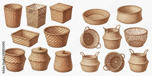 Set of various hand-drawn watercolor wicker baskets and containers for storage and decor.