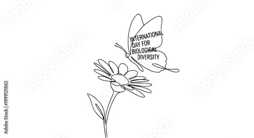 Single Line Drawing: Butterfly on Daisy, International Day Biological Diversity