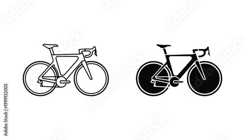 Road bicycle icon set featuring minimalist outline and solid black silhouette for cycling sports branding
