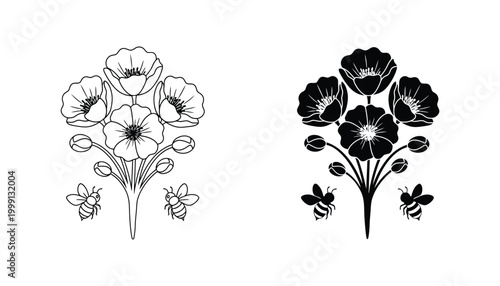 Floral bouquet with honey bees vector illustration set in hand drawn sketch and solid black styles
