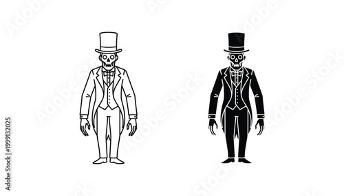 Skeleton in tuxedo top hat and bowtie vector graphic for spooky formal event or Halloween design