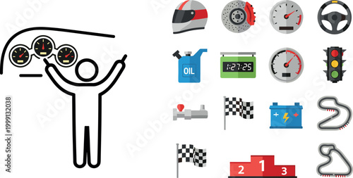 Racing and Motorsport Vector Set Featuring Dashboard Gauges, Helmets, Flags, Tires, and Speedometer for Car Racing, Sports, and Racing Event Illustrations.