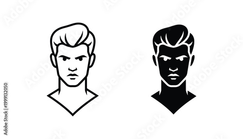 Young man portrait icon set featuring stylized masculine facial features in outline and solid black