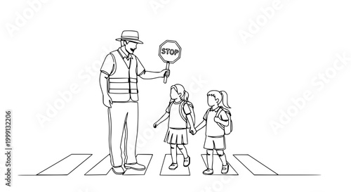School Crossing Guard with Children at Crosswalk, Safety Education, Traffic Control