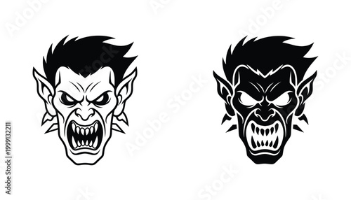 Scary monster head mascot for intense sports branding in aggressive line art and solid black silhouette styles for character design