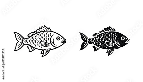 Common freshwater fish icon set in detailed line art and solid black silhouette for fishing store branding or educational biology material