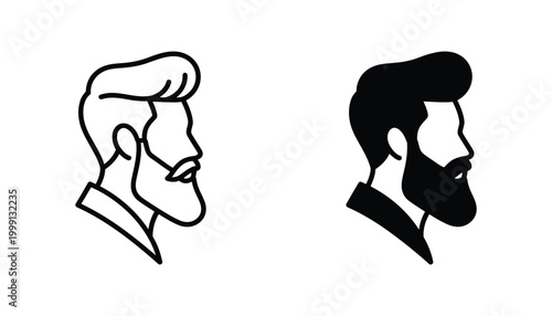Stylish bearded man profile silhouette and line art icon for barbershop branding or male grooming product packaging design