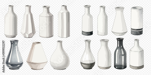 Collection of various decorative ceramic vases and bottles for home decor isolated on transparent background.