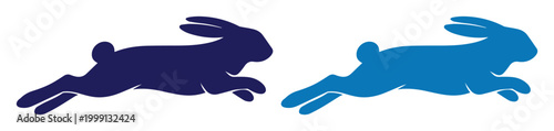 Photos Dynamic running rabbit vector, two stylized blue and navy bunny silhouettes, fas