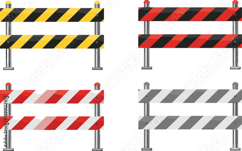 Road barrier barricade set striped construction safety fences vector illustration traffic warning obstacles for repair and caution design